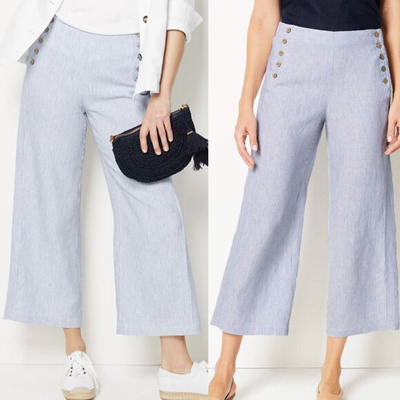 J. Jill Pants - J.JILL Striped Sailor Seersucker 100% Linen Wide Cropped Pants Size XL